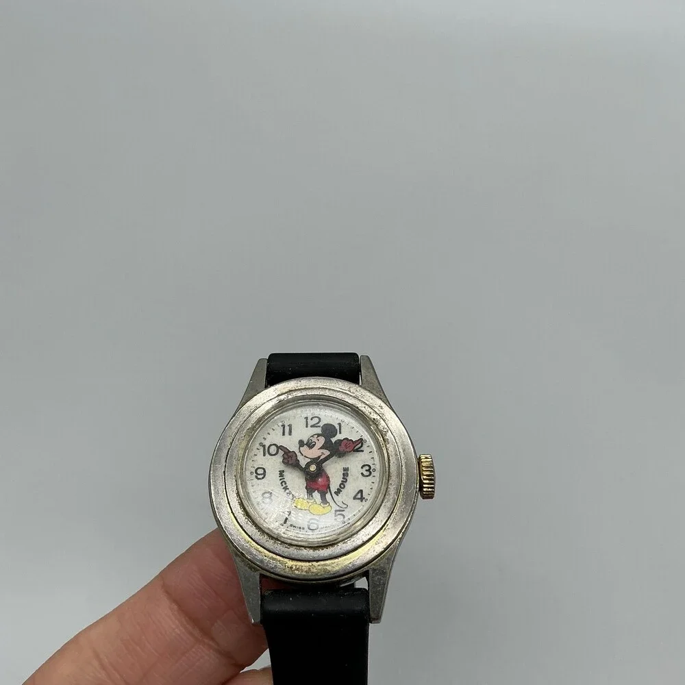 Vintage Bradley Boys Watch 26mm Mickey Mouse Swiss Manual Black Rubber Strap